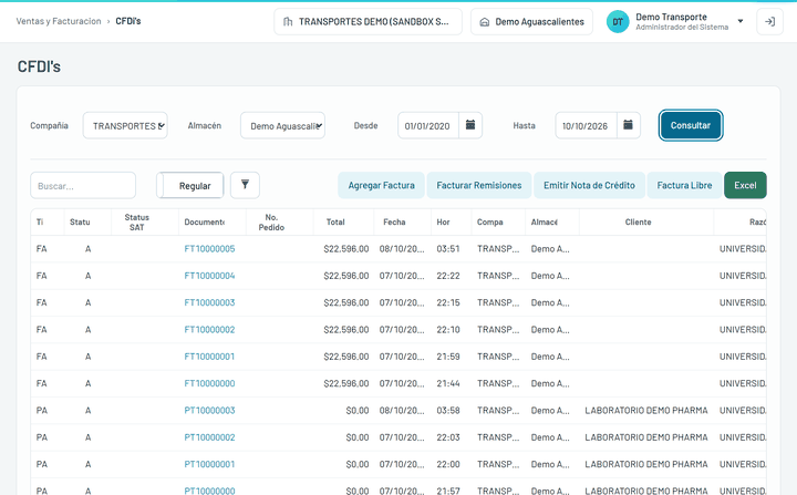 CFDi's de CUBOSOFT: facturas y complementos de pago con estatus, total, fecha y cliente