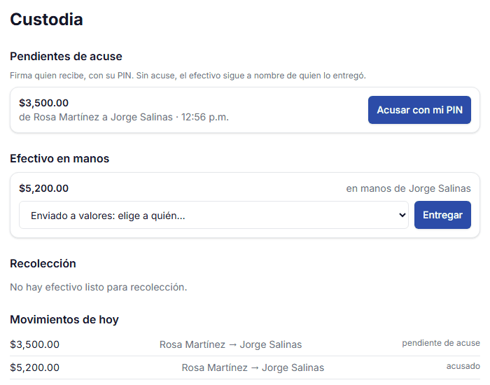 Pantalla de custodia de Nexo: efectivo pendiente de acuse con PIN y efectivo en manos de cada persona